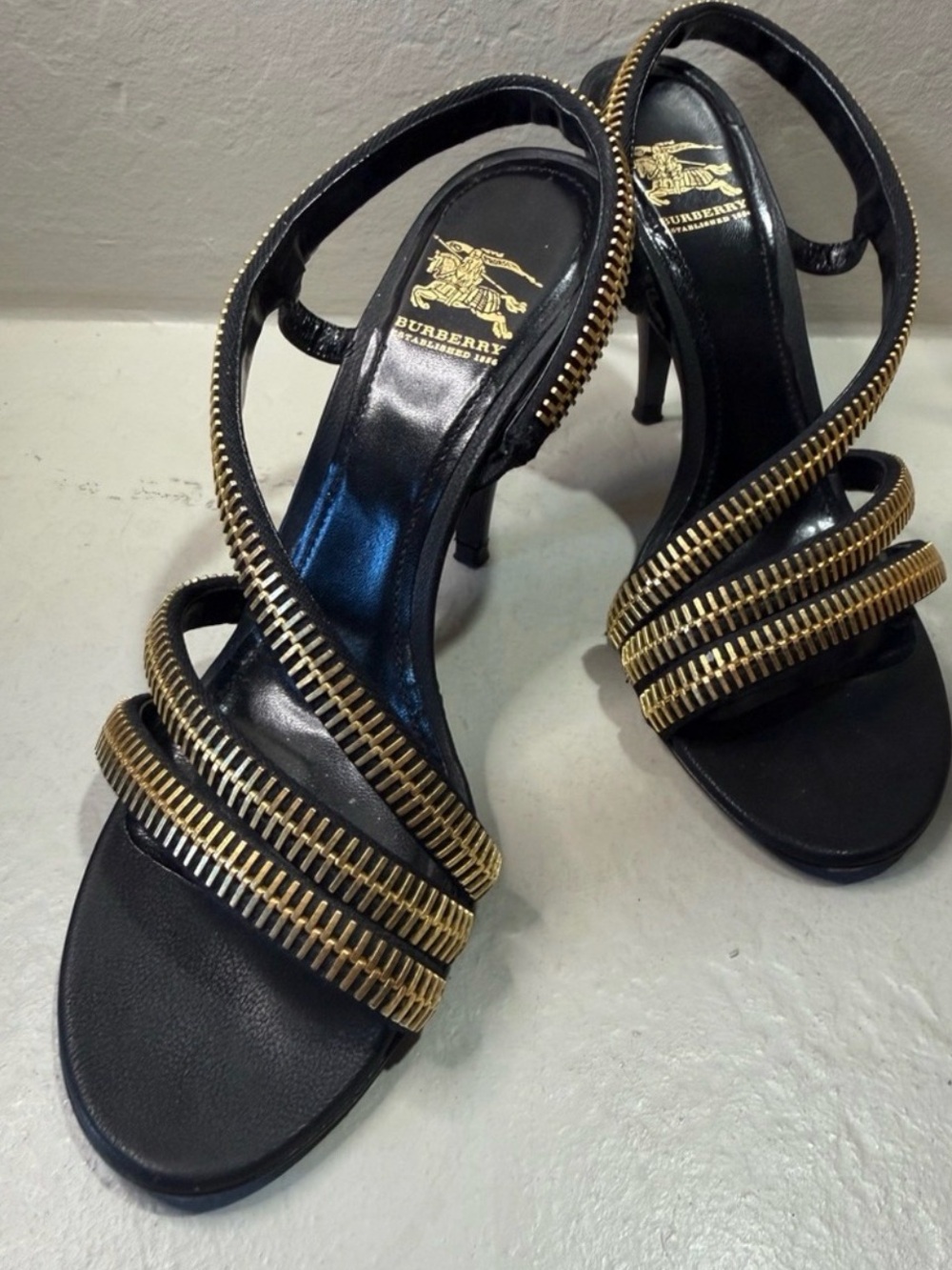 Burberry Heels Shoes Black Leather Zipper Strap Upper Slingback Sandals US7